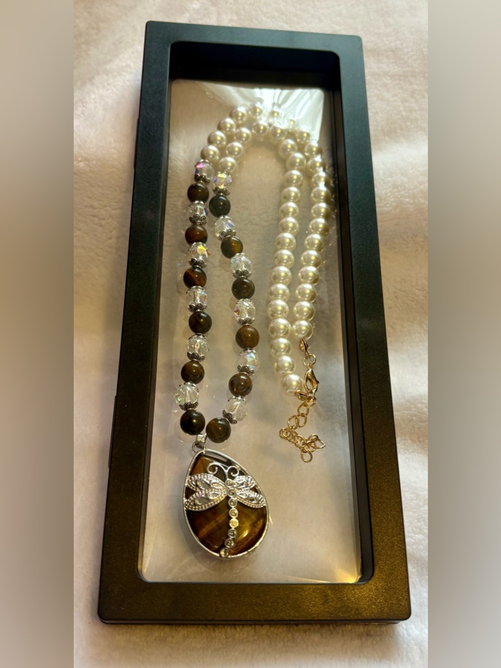 Pearl & Tiger Eye Dragonfly Pendant Necklace - Elegant Brown and White Beads
